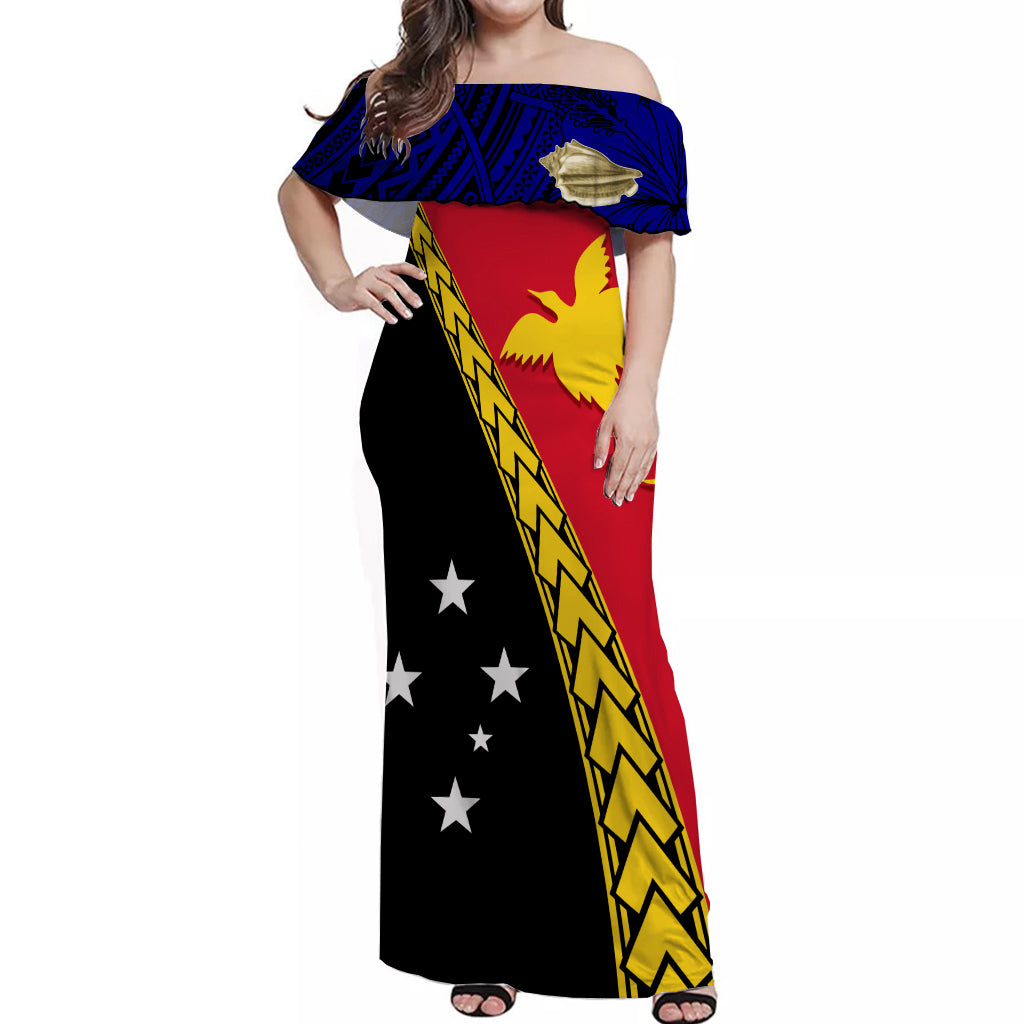 PNG Hibiscus Tribal Pattern Off Shoulder Long Dress West New Britain