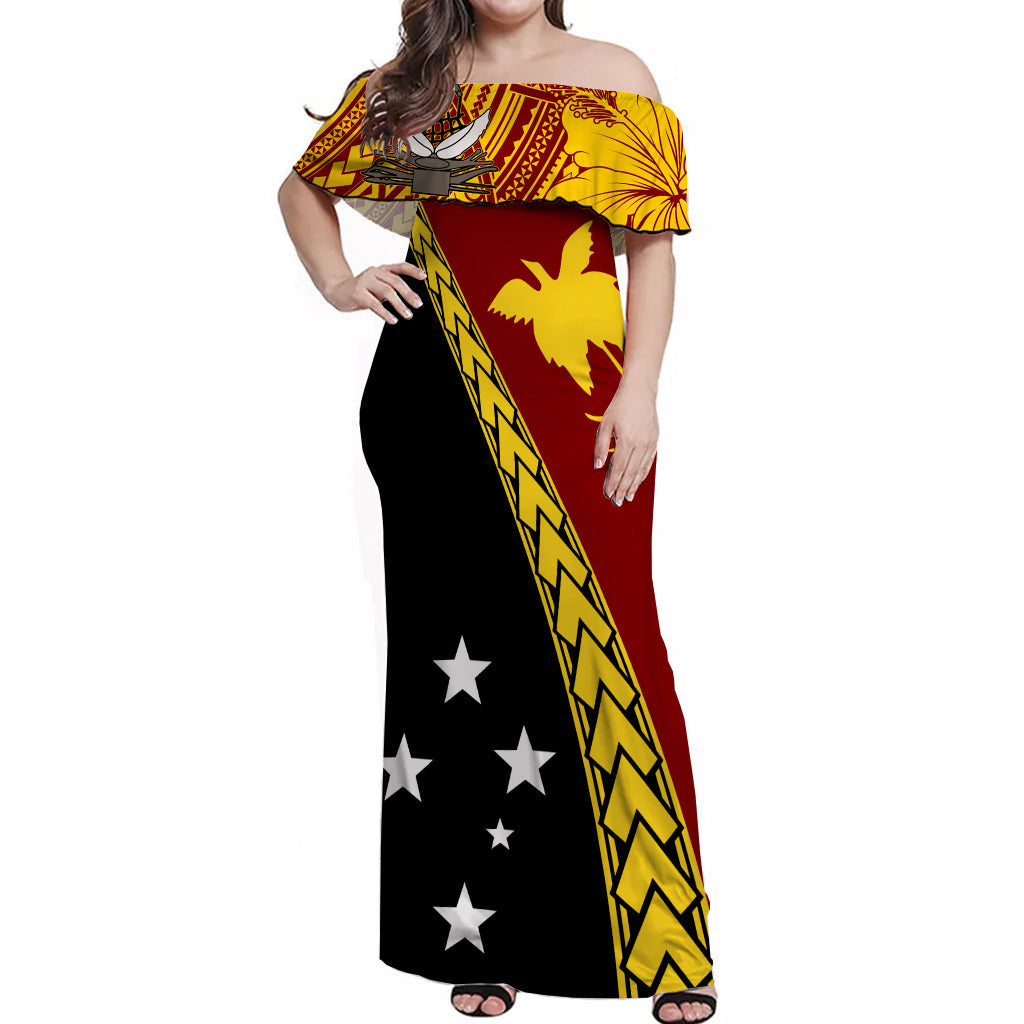 PNG Hibiscus Tribal Pattern Off Shoulder Long Dress Western Province