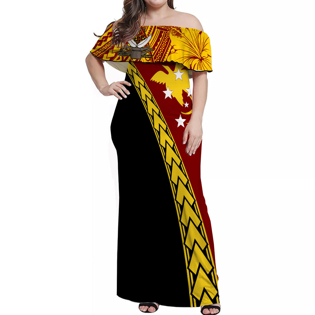 PNG Hibiscus Tribal Pattern Off Shoulder Long Dress Western Province Ver.02