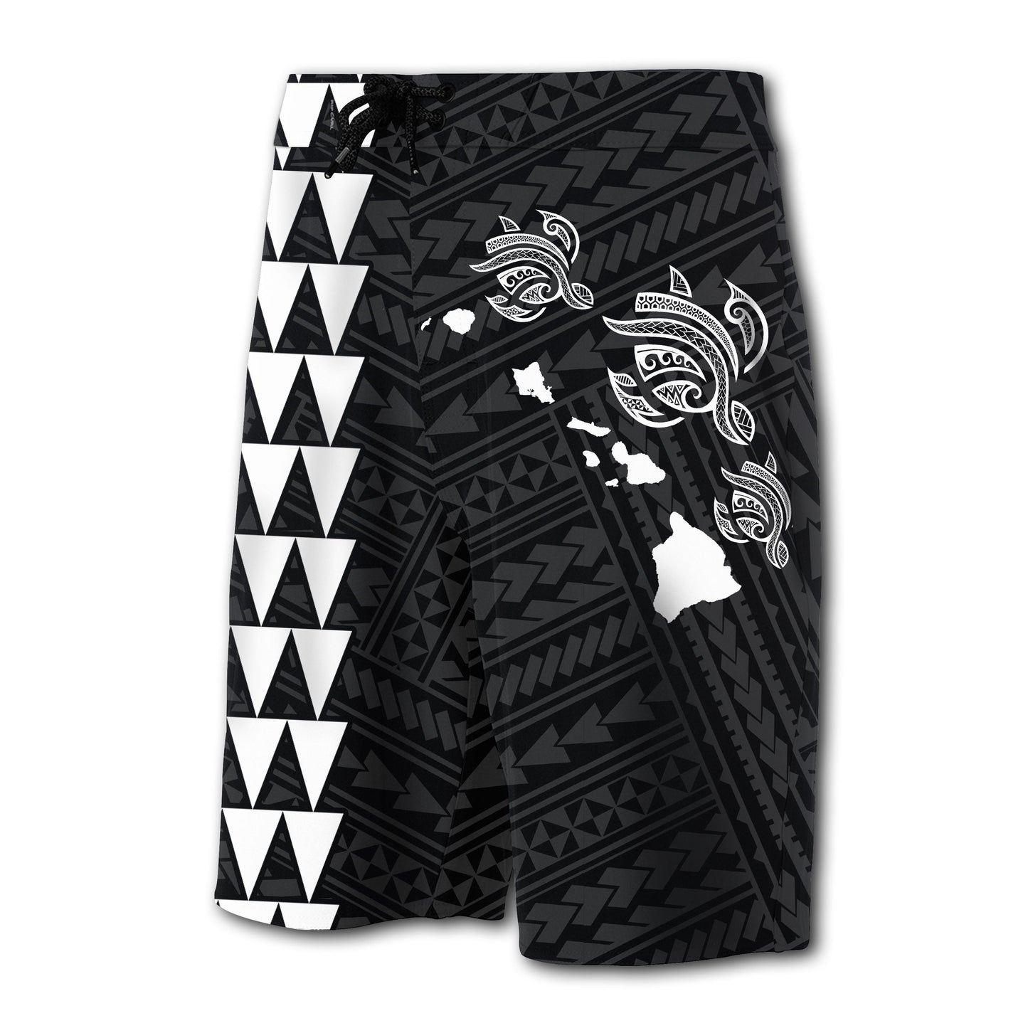 Hawaii Kakau Polynesian Three Turtles Map Board Shorts - White