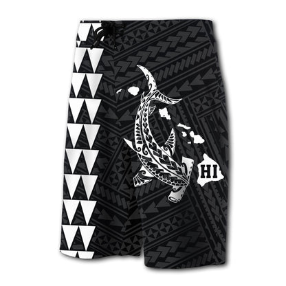 Hawaii Kakau Polynesian Hammerhead Shark Map Board Shorts - White