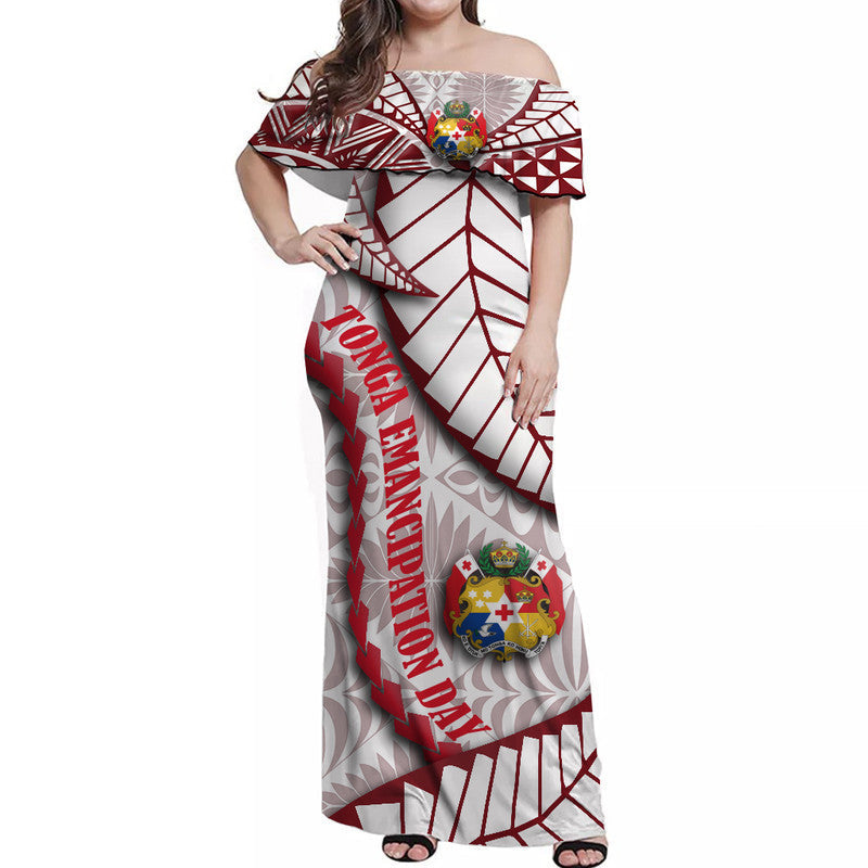 Tonga Emancipation Day Women Off Shoulder Long Dress Kupesi Pattern No.2 White