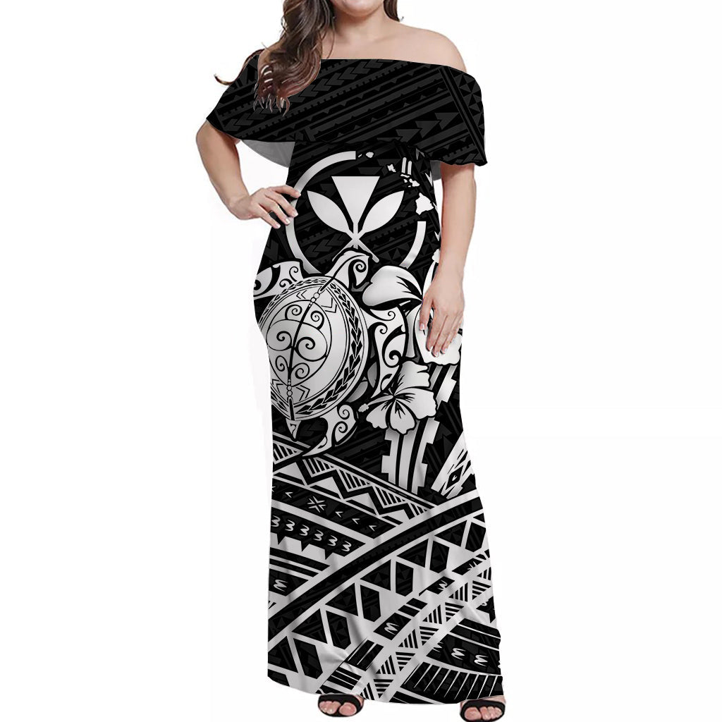 Hawaii Turtle With Hibiscus Tribal Off Shoulder Dress White