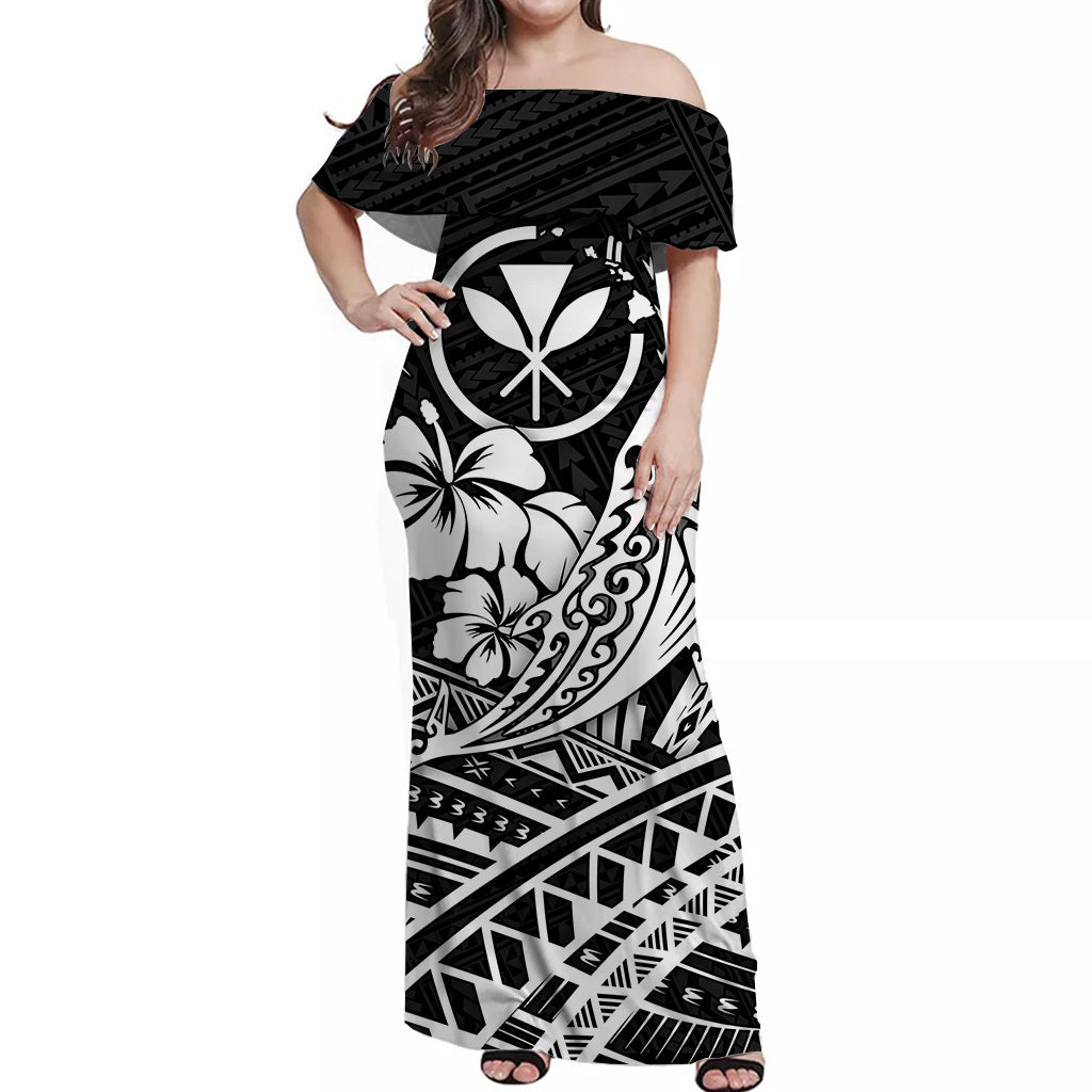 Hawaii Humpback Whale With Hibiscus Tribal Off Shoulder Dress White