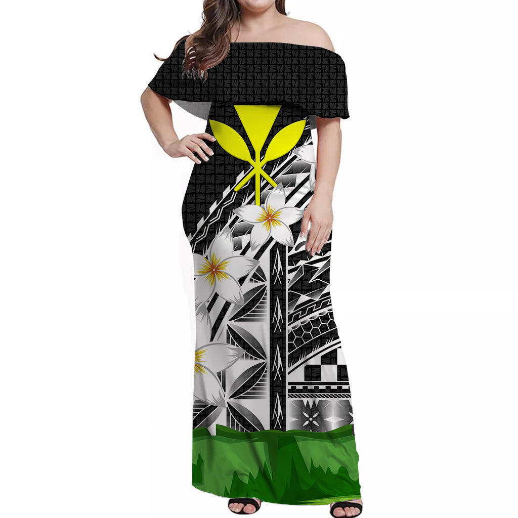 Hawaii Off Shoulder Dress Banana Leaf With Plumeria Flowers White