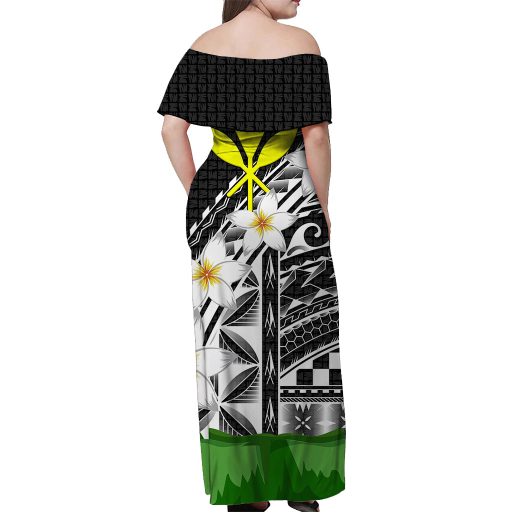 Hawaii Off Shoulder Dress Banana Leaf With Plumeria Flowers White