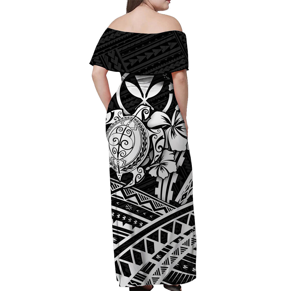 Hawaii Turtle With Hibiscus Tribal Off Shoulder Dress White
