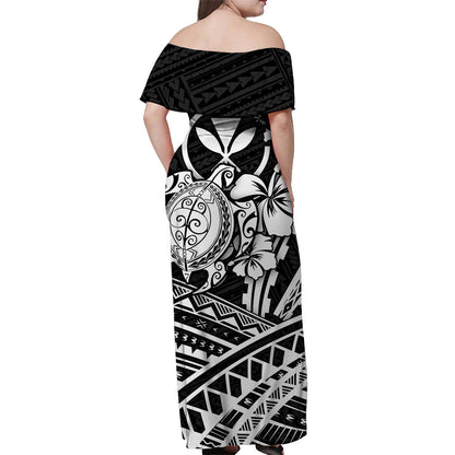 Hawaii Turtle With Hibiscus Tribal Off Shoulder Dress White