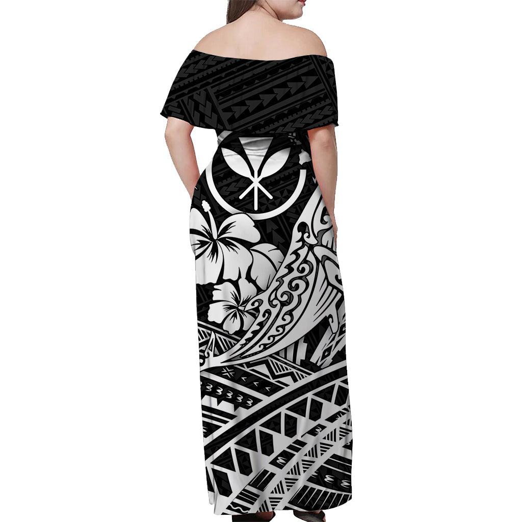 Hawaii Humpback Whale With Hibiscus Tribal Off Shoulder Dress White