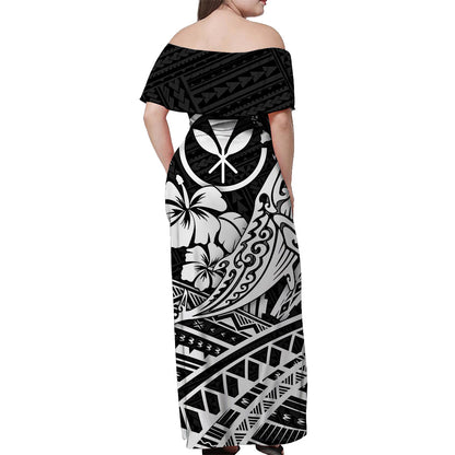 Hawaii Humpback Whale With Hibiscus Tribal Off Shoulder Dress White