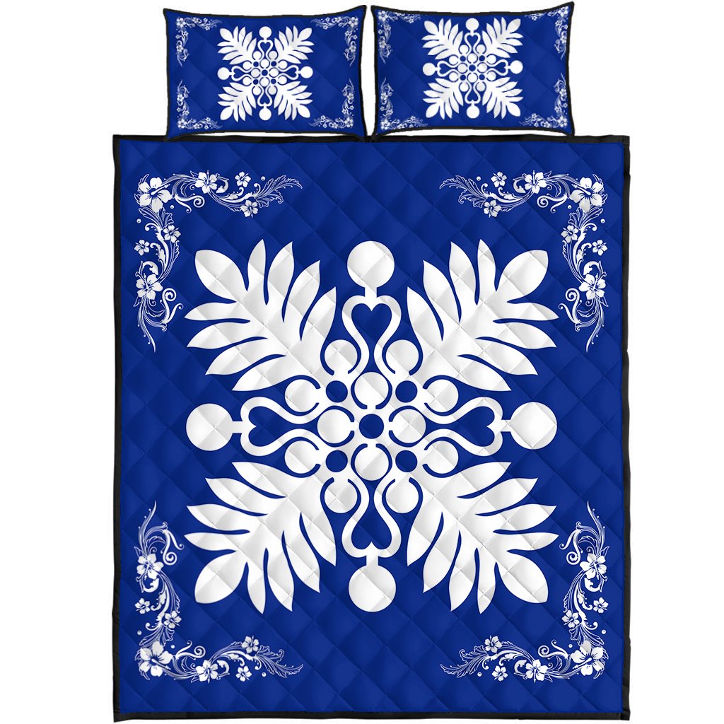 Hawaiian Quilt Maui Plant And Hibiscus Pattern Quilt Bed Set White Blue AH