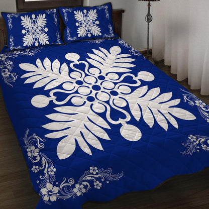 Hawaiian Quilt Maui Plant And Hibiscus Pattern Quilt Bed Set White Blue AH