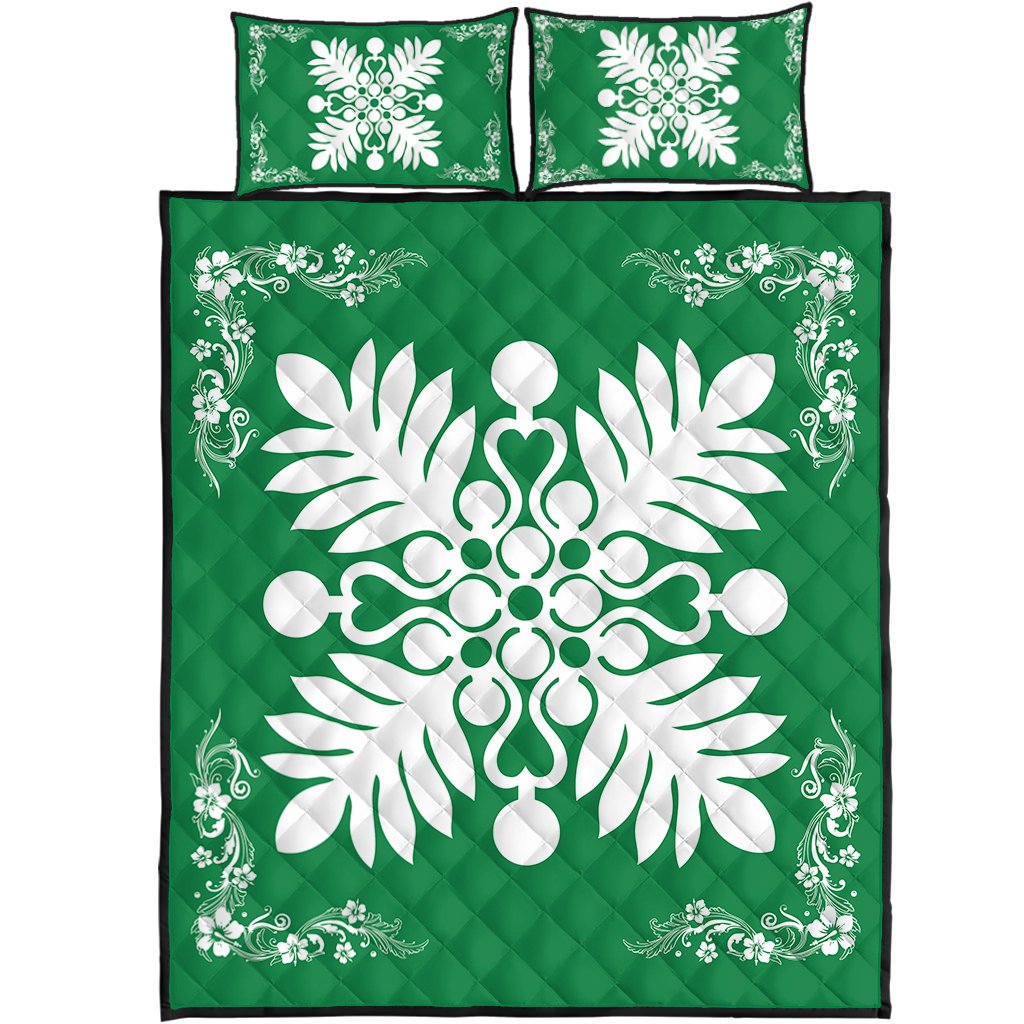 Hawaiian Quilt Maui Plant And Hibiscus Pattern Quilt Bed Set White Green AH