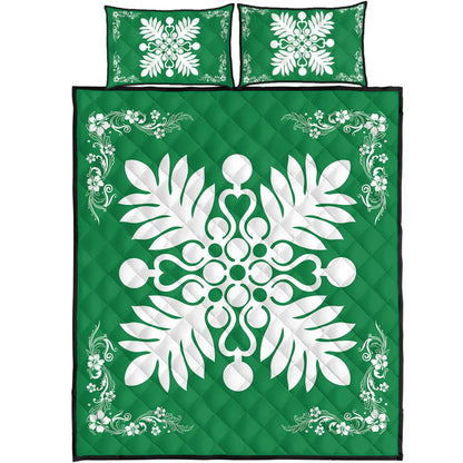 Hawaiian Quilt Maui Plant And Hibiscus Pattern Quilt Bed Set White Green AH