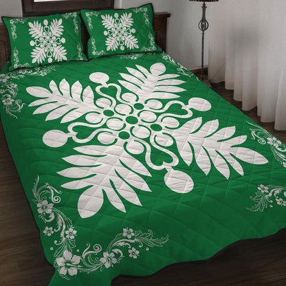 Hawaiian Quilt Maui Plant And Hibiscus Pattern Quilt Bed Set White Green AH