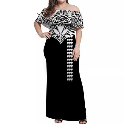 Hawaii Polynesian Tribal Off Shoulder Dress White