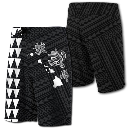 Hawaii Kakau Polynesian Three Turtles Map Board Shorts - White