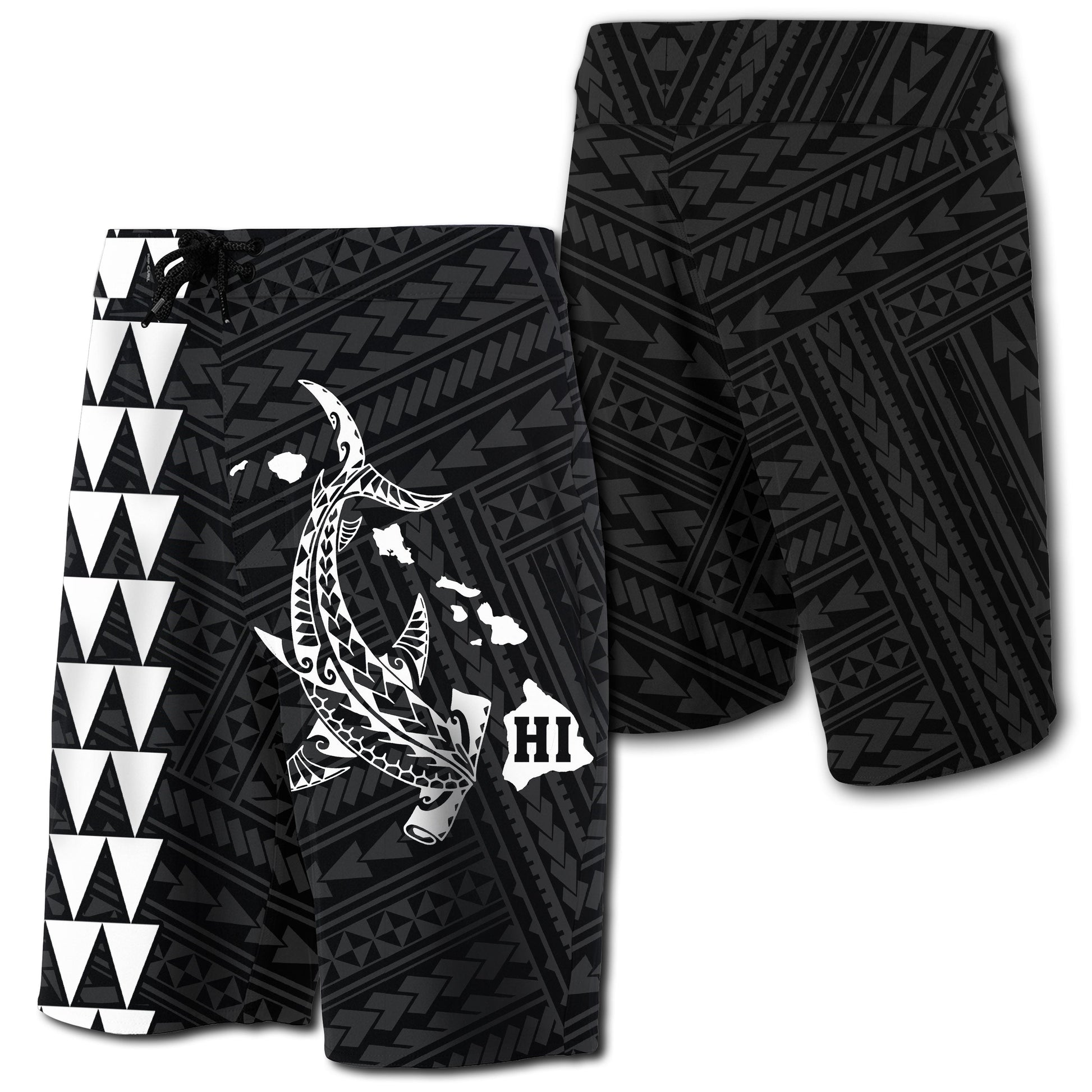 Hawaii Kakau Polynesian Hammerhead Shark Map Board Shorts - White