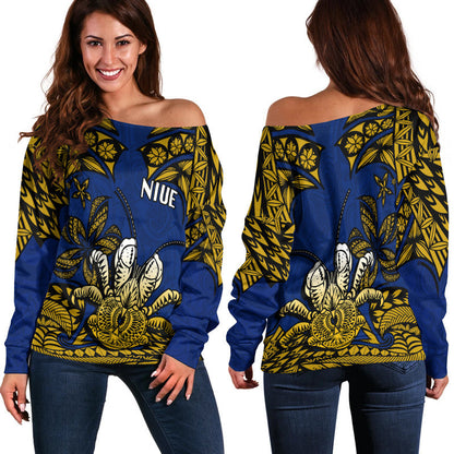Niue Uga Off Shoulder Sweater Tribal Patterns Blue Style