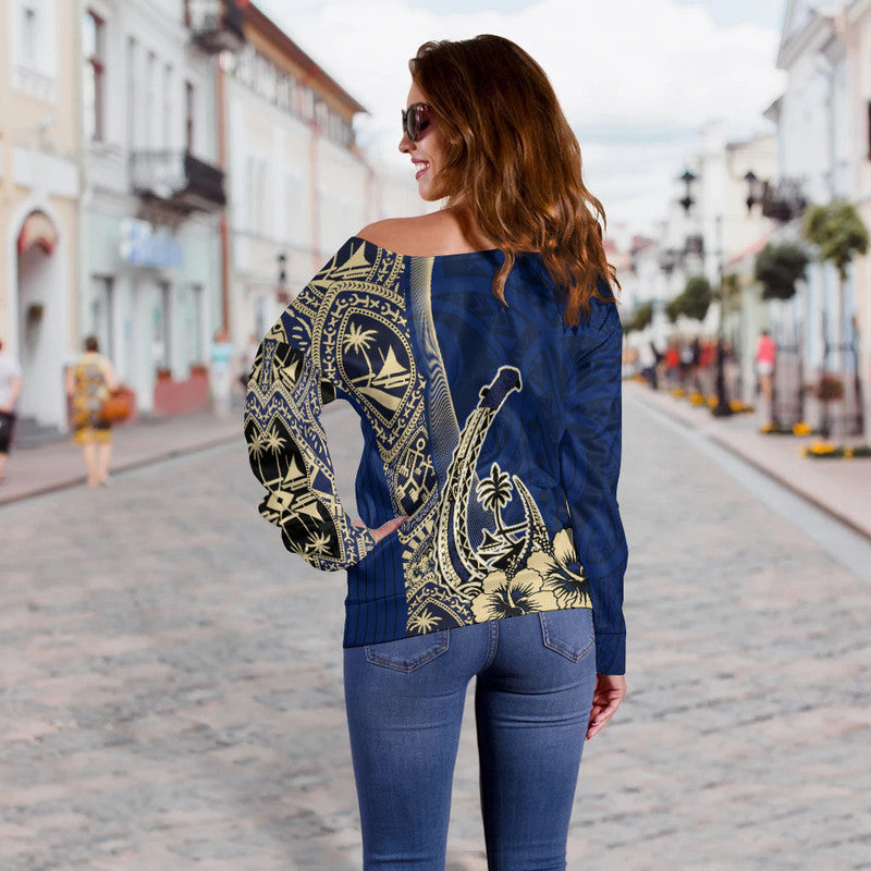 Guam Fish Hook Off Shoulder Sweater Blue Style