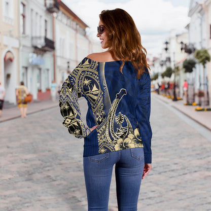 Guam Fish Hook Off Shoulder Sweater Blue Style