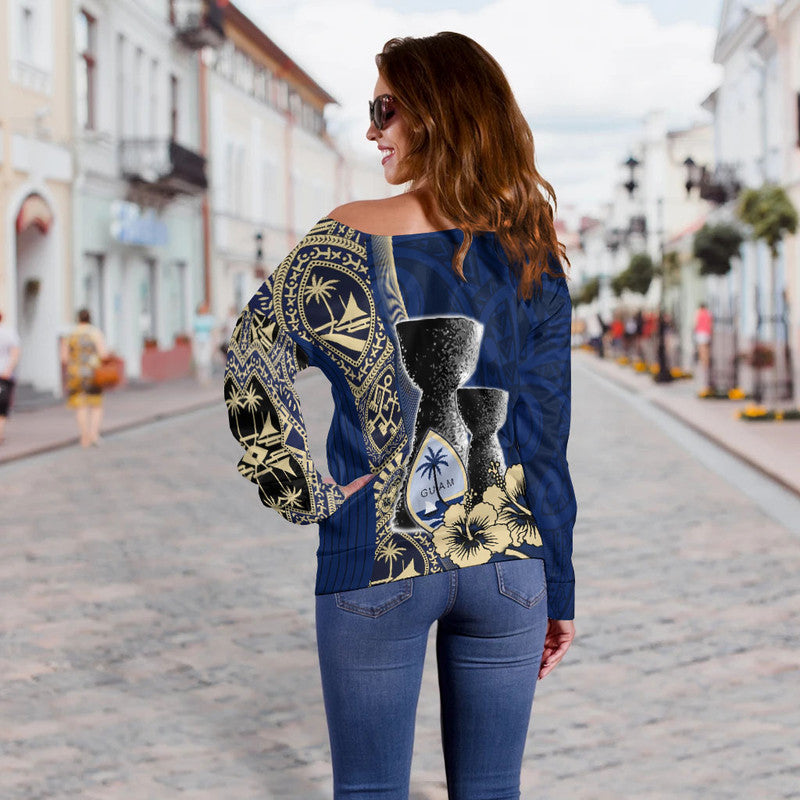 Guam Chamorro Off Shoulder Sweater Blue Style