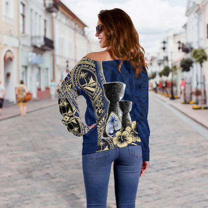 Guam Chamorro Off Shoulder Sweater Blue Style