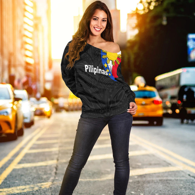 Pilipinas Off Shoulder Sweater Simple Style Black