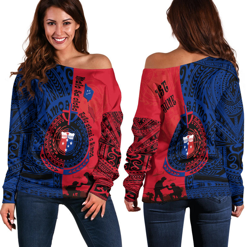 Samoa Independence Day Quotes Women Off Shoulder Sweater Military Polynesian Pattern