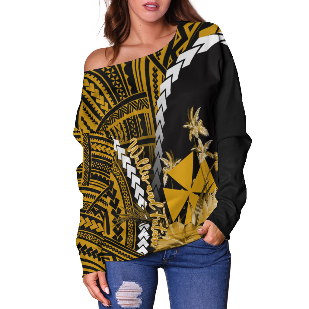 Wallis and Futuna Women's Off Shoulder Sweater Polynesian Style Gold Color