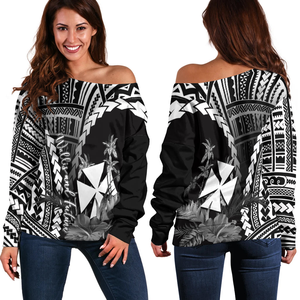 Wallis and Futuna Women's Off Shoulder Sweater Polynesian Style White Color