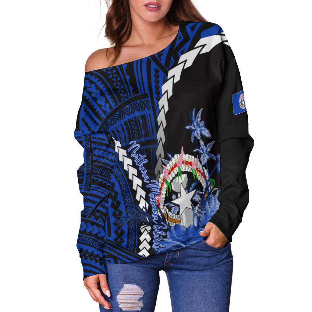Northern Mariana Islands Women's Off Shoulder Sweater Polynesian Style Blue Color