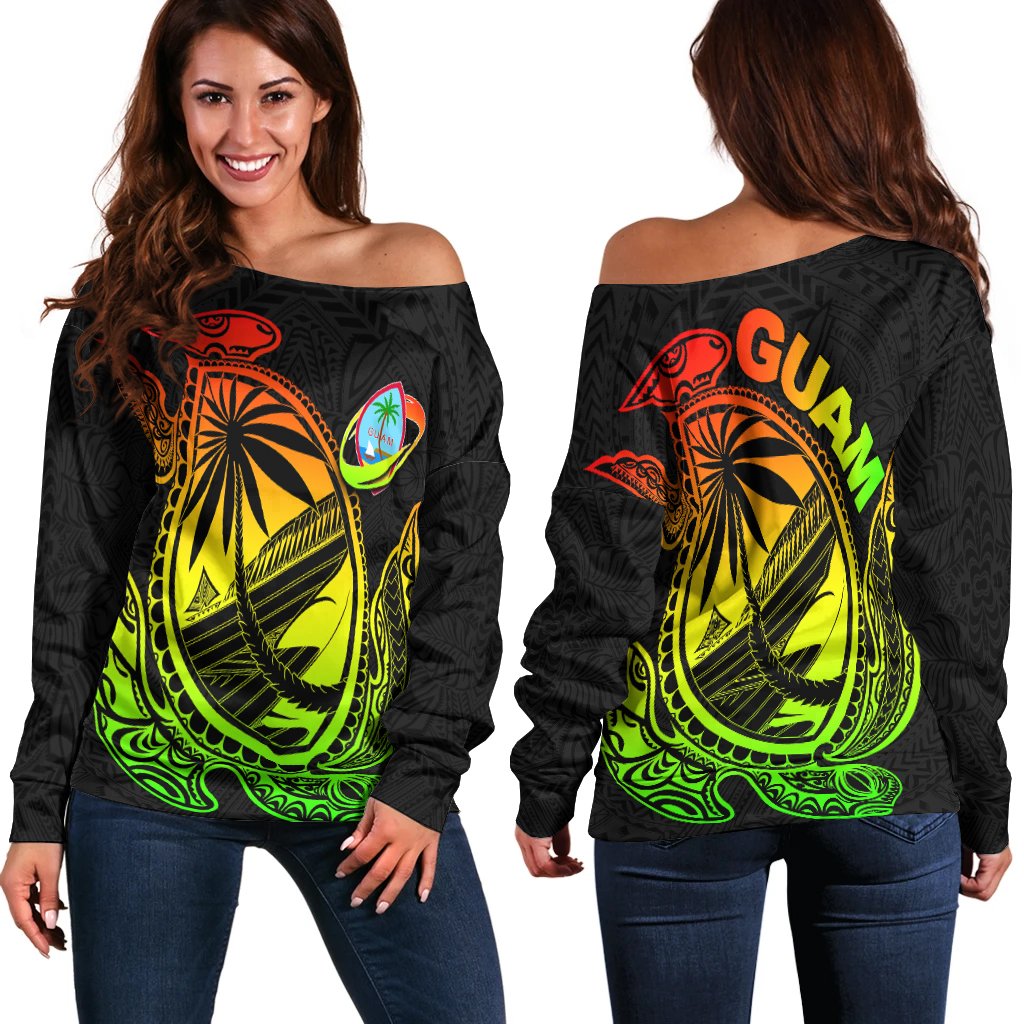 Guam Women's Off Shoulder Sweater Rugby Version Turtle Polynesian