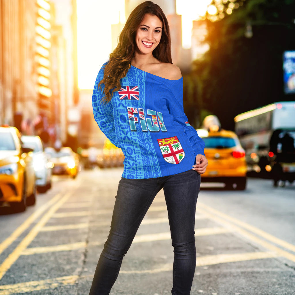 Fiji Constitution Day Half Tapa Patterns Women Off Shoulder Sweater