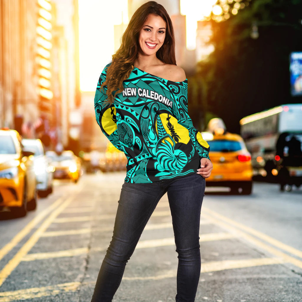 New Caledonia Women's Off Shoulder Sweatshirt Turquoise Color