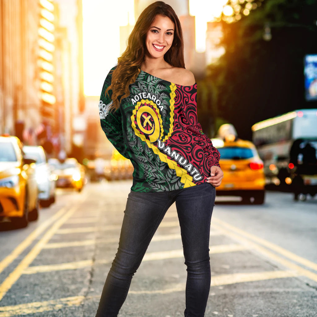 Vanuatu Women's Off Shoulder Sweater Mix Maori Silver Fern