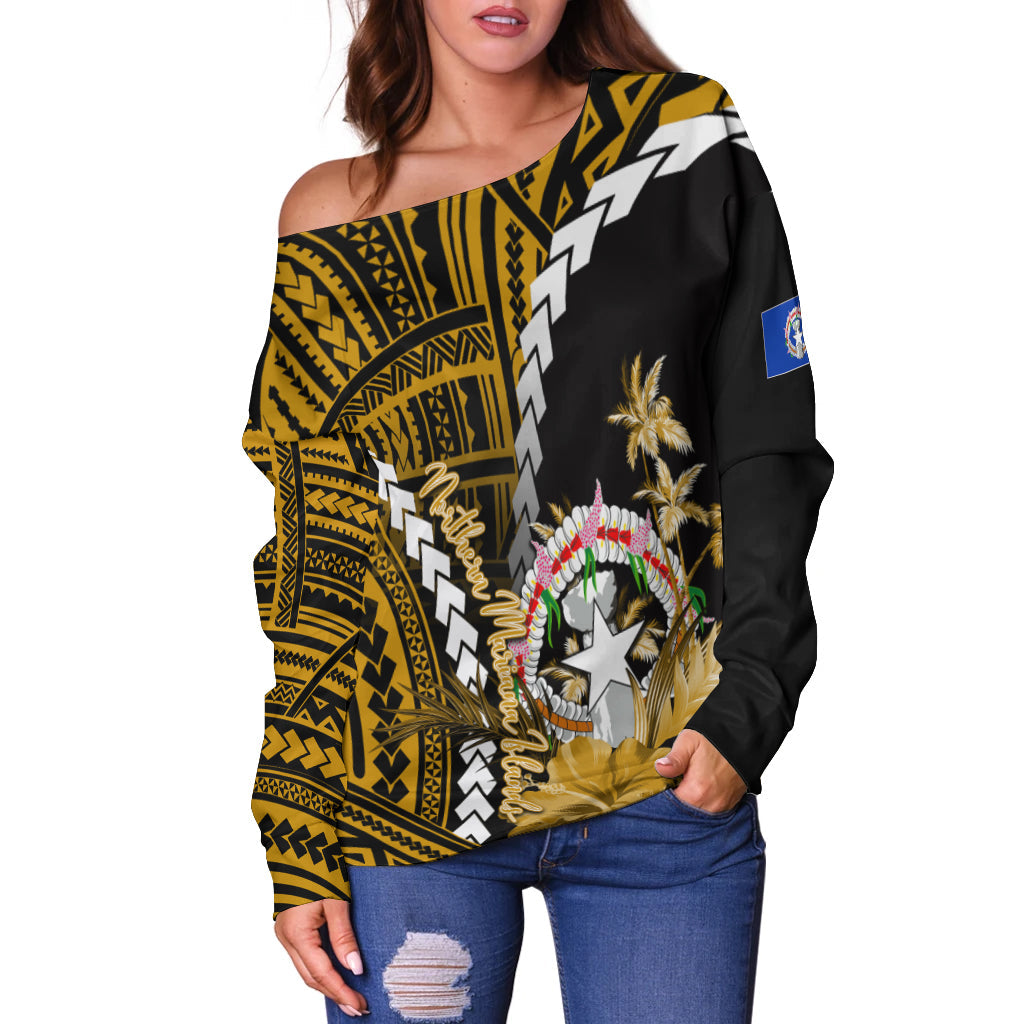 Northern Mariana Islands Women's Off Shoulder Sweater Polynesian Style Gold Color