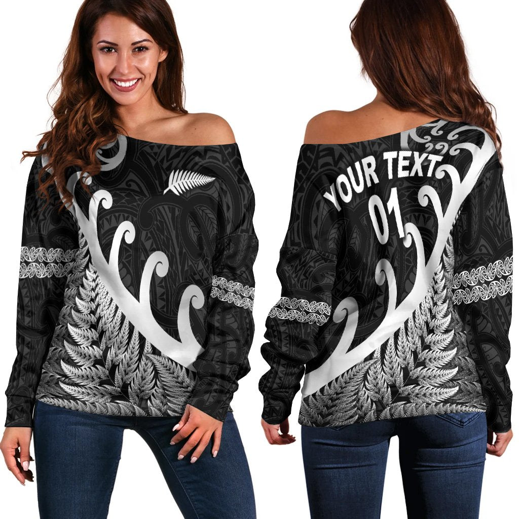 (Custom Personalised) New Zealand Rugby Maori Women Off Shoulder Sweater Silver Fern Koru Vibes Black