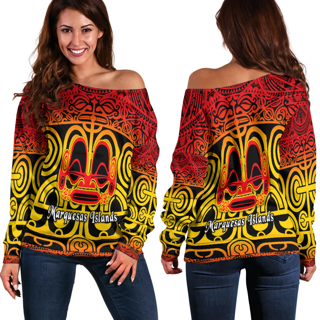Marquesas Islands Women Off Shoulder Marquesan Tattoo Simple Style Gradient Red