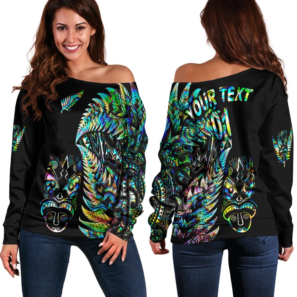 (Custom Personalised) New Zealand Haka Rugby Maori Women Off Shoulder Sweater Silver Fern Vibes Paua Shell