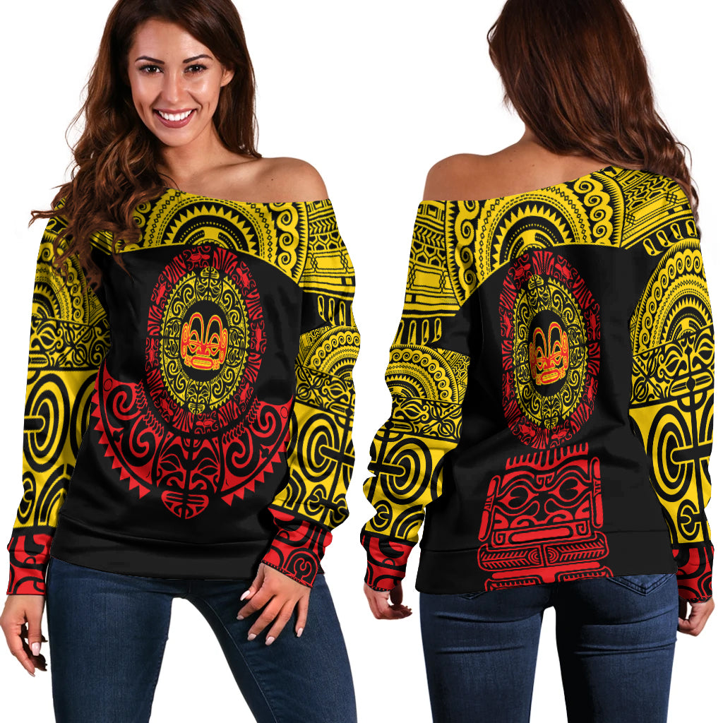 Marquesas Islands Women Off Shoulder Marquesan Tattoo Simplified Version Yellow Red