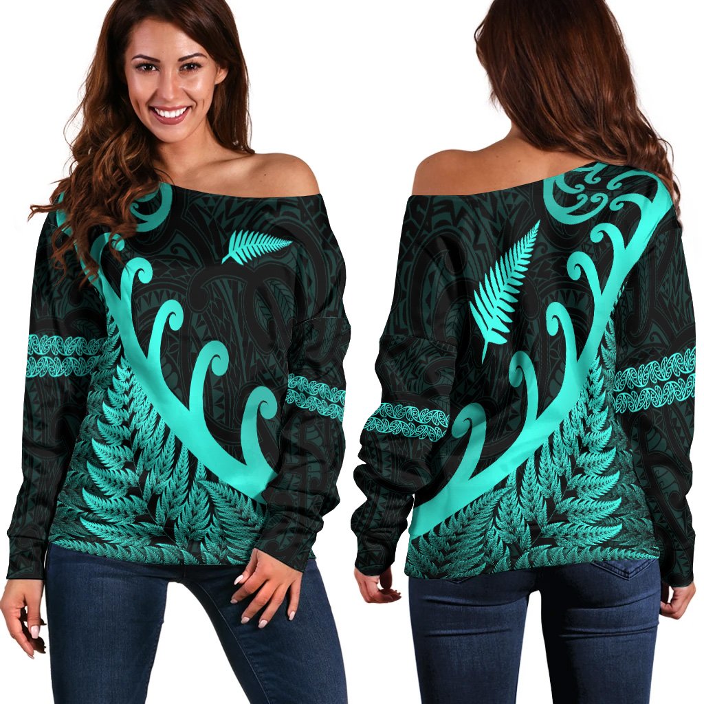 New Zealand Rugby Maori Women Off Shoulder Sweater Silver Fern Koru Vibes Turquoise