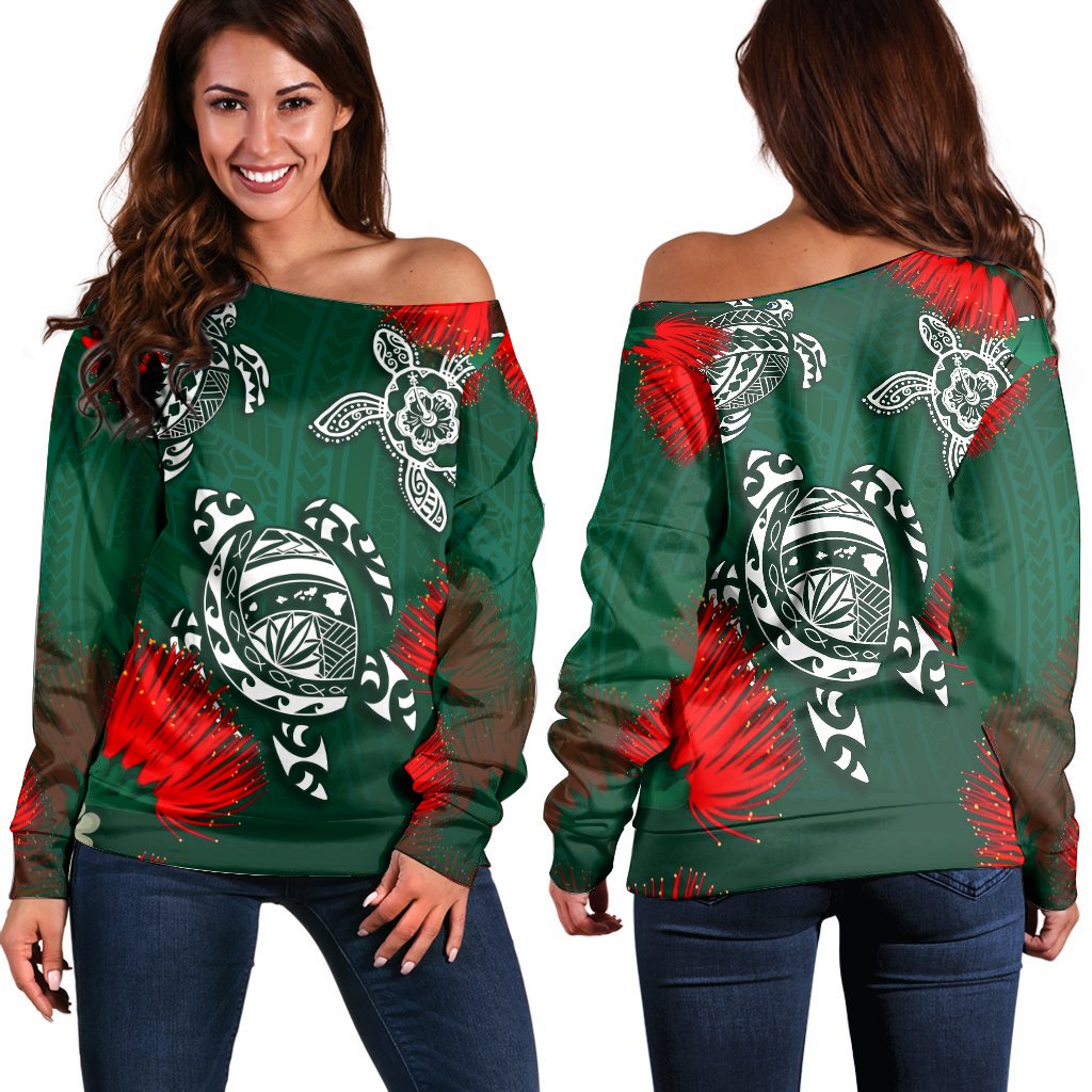 Hawaii Lehua Flowers Turtle Poly Women's Off Shoulder Sweater Ser Style AH