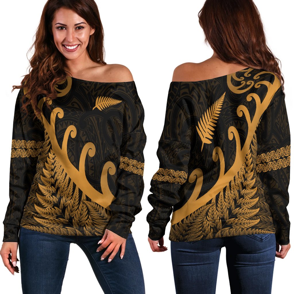 New Zealand Rugby Maori Women Off Shoulder Sweater Silver Fern Koru Vibes Gold
