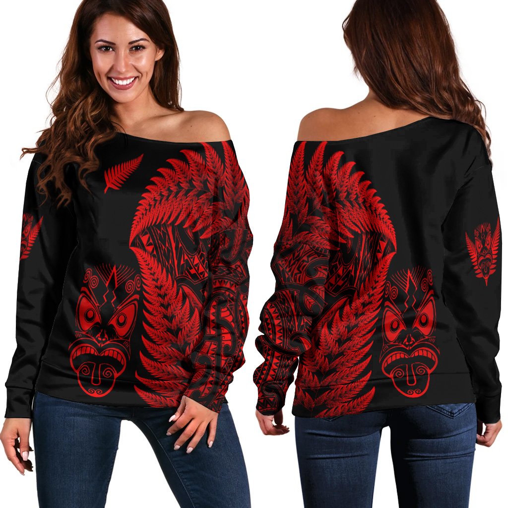 New Zealand Haka Rugby Maori Women Off Shoulder Sweater Silver Fern Vibes Red