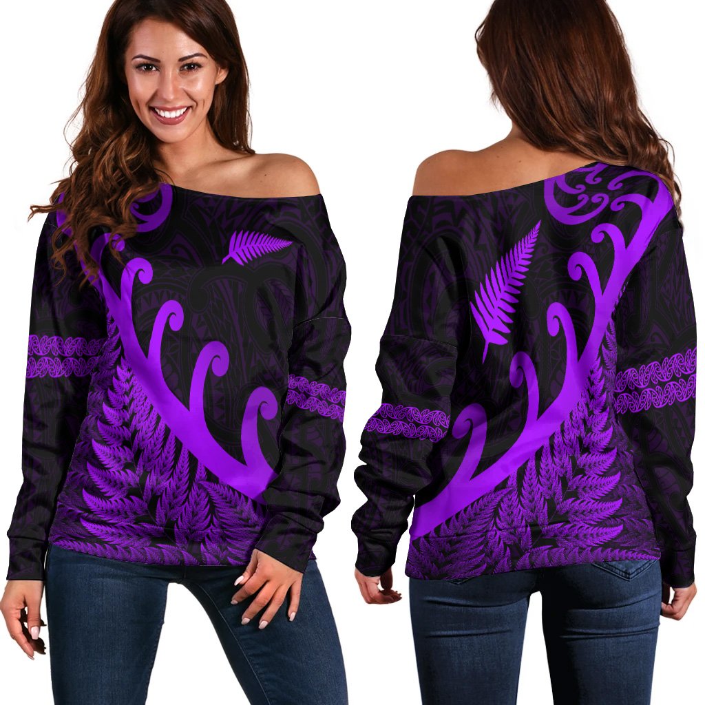 New Zealand Rugby Maori Women Off Shoulder Sweater Silver Fern Koru Vibes Purple