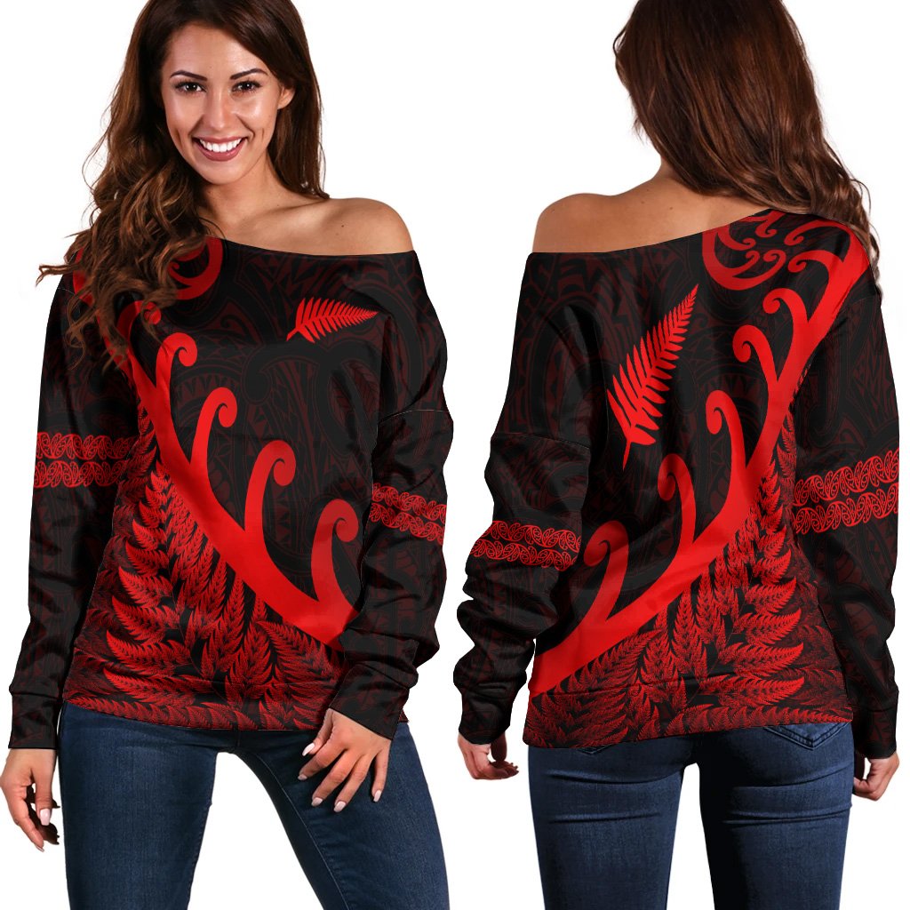 New Zealand Rugby Maori Women Off Shoulder Sweater Silver Fern Koru Vibes Red