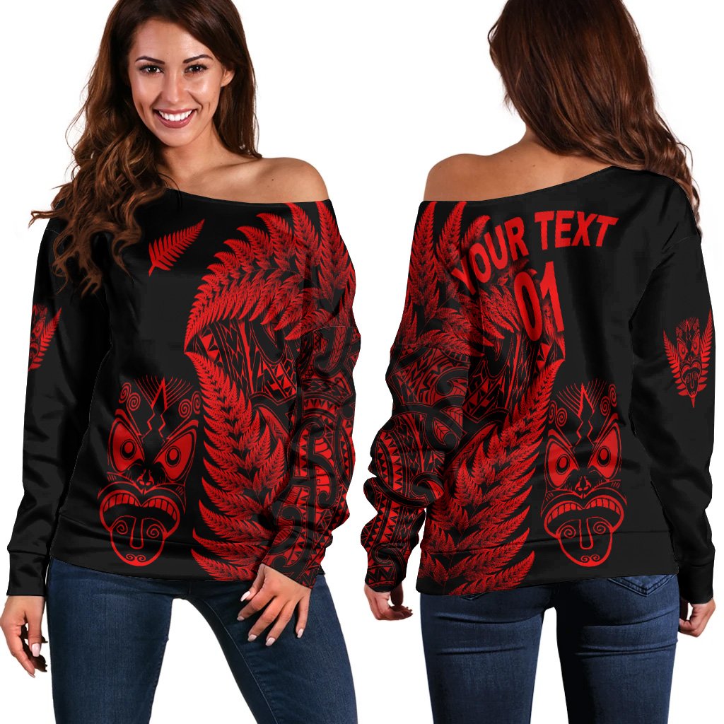 (Custom Personalised) New Zealand Haka Rugby Maori Women Off Shoulder Sweater Silver Fern Vibes Red