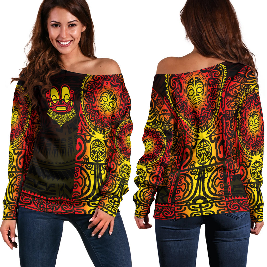 Marquesas Islands Women Off Shoulder Marquesan Tattoo Unique Style Gradient Red