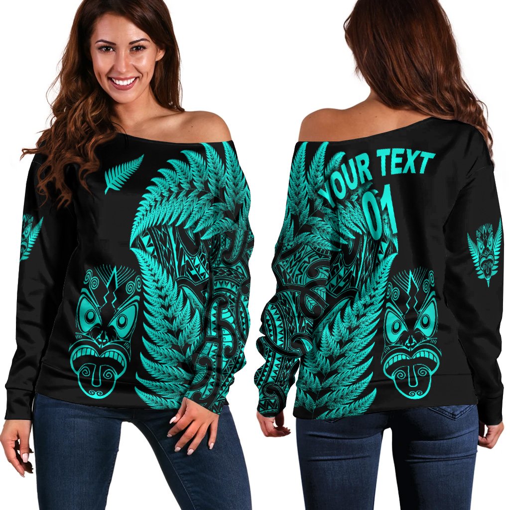(Custom Personalised) New Zealand Haka Rugby Maori Women Off Shoulder Sweater Silver Fern Vibes Turquoise